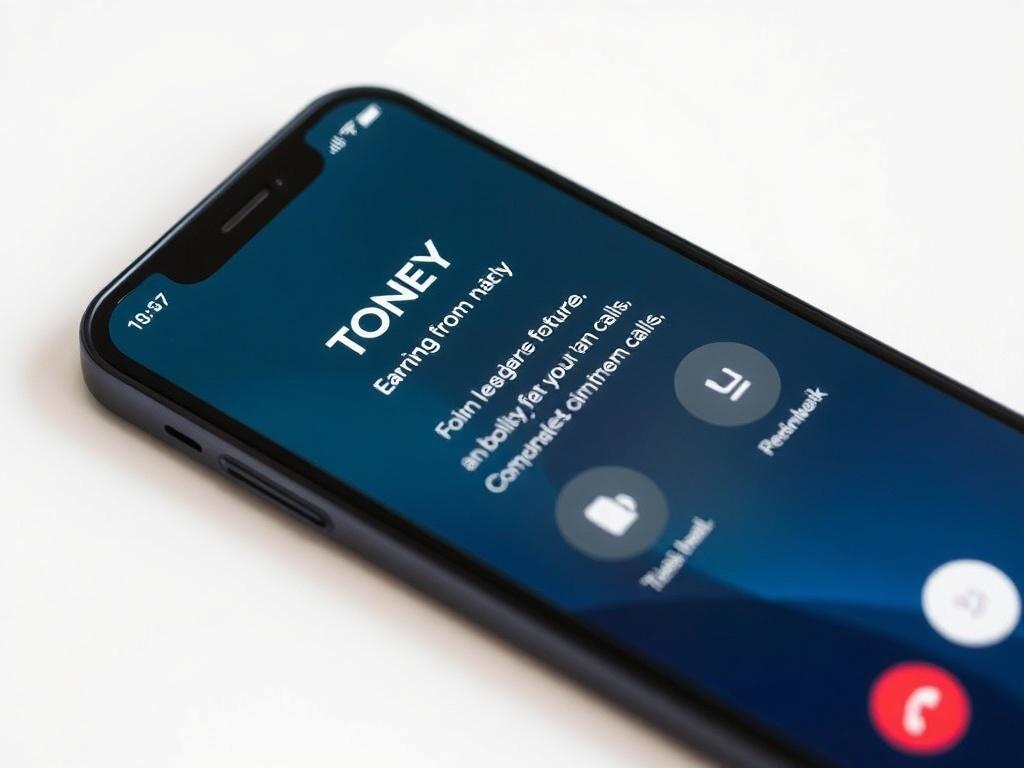 A hyper-realistic close-up shot of a smartphone displaying the TONEY app interface focused on earning features from calls. The background is minimal and white, emphasizing the app's design. The image is shot with a 45mm f/1.2 lens, capturing the smartphone's details and functionalities.