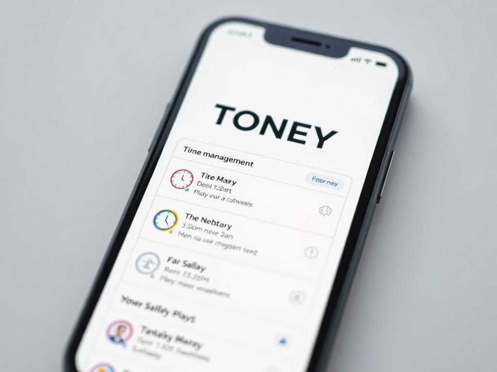 A hyper-realistic close-up shot of a smartphone screen showing the TONEY app interface with time management features. The background is a clean white, highlighting the app's user-friendly design. The image is shot with a 45mm f/1.2 lens, focusing on the smartphone to illustrate its functionality.