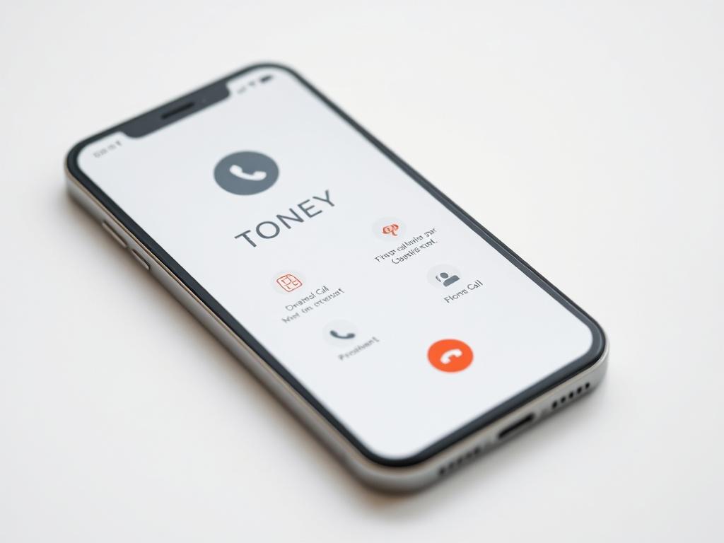 A hyper-realistic close-up shot of a smartphone displaying the TONEY app interface with spam call blocking features. The background is clean and white, emphasizing the app's design. The image is shot with a 45mm f/1.2 lens to create a sharp focus on the phone, showcasing its sleek design and functionality.