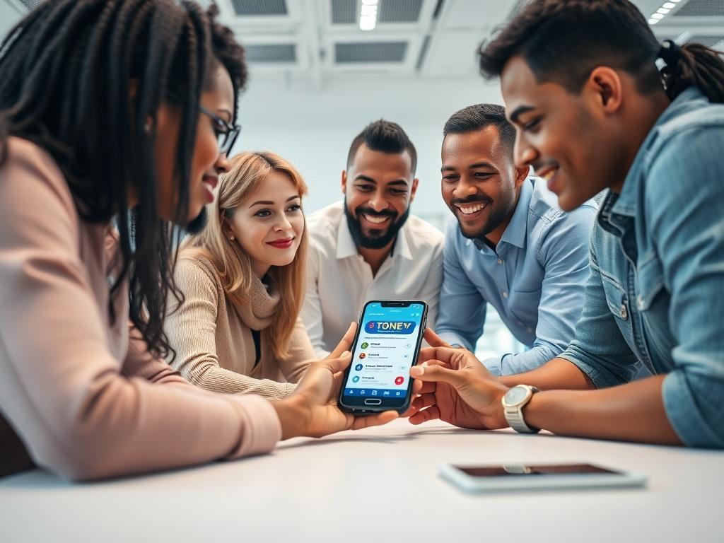 A realistic high-resolution photo of a diverse group of people collaborating in a modern workspace, showcasing a tech-savvy environment. The focus is on the individuals engaged in a discussion around a smartphone displaying the TONEY app interface. The background should be minimal with a white color scheme, emphasizing a clean and innovative atmosphere. The color palette should include shades of blue (#0F4775) and green (#73BA21) subtly integrated into the workspace elements.