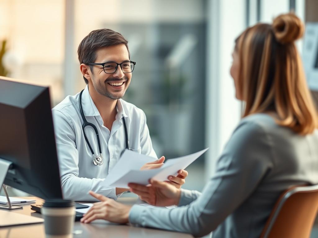 A close up shot of a healthcare consultant sitting at