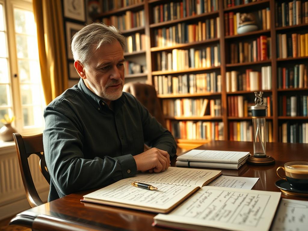 Create a high-resolution, hyper-realistic photograph of a dedicated author sitting at an elegantly arranged wooden desk, deeply focused on crafting their pitch for a film adaptation of their book. The author, a middle-aged person with a thoughtful expression, should be the only subject in the image, capturing a moment of intense concentration. 

The desk is adorned with various writing materials: an open notebook filled with scribbled notes and ideas, a fountain pen glistening in the light, and a steaming cup of coffee to the side. Soft golden light streams in from a nearby window, casting a warm glow on the scene and highlighting the author's features and the surrounding objects. 

In the background, a cozy library wall filled with bookshelves lined with colorful book spines creates a comforting, inspiring atmosphere, subtly hinting at the author's literary journey. The overall composition should be simple and clear, drawing the viewer's attention directly to the author and their creative process, embodying the essence of mastering a pitch for film adaptation. The dominant color should align with the rgb(50, 170, 39) primary color, creating a vibrant yet harmonious visual experience.