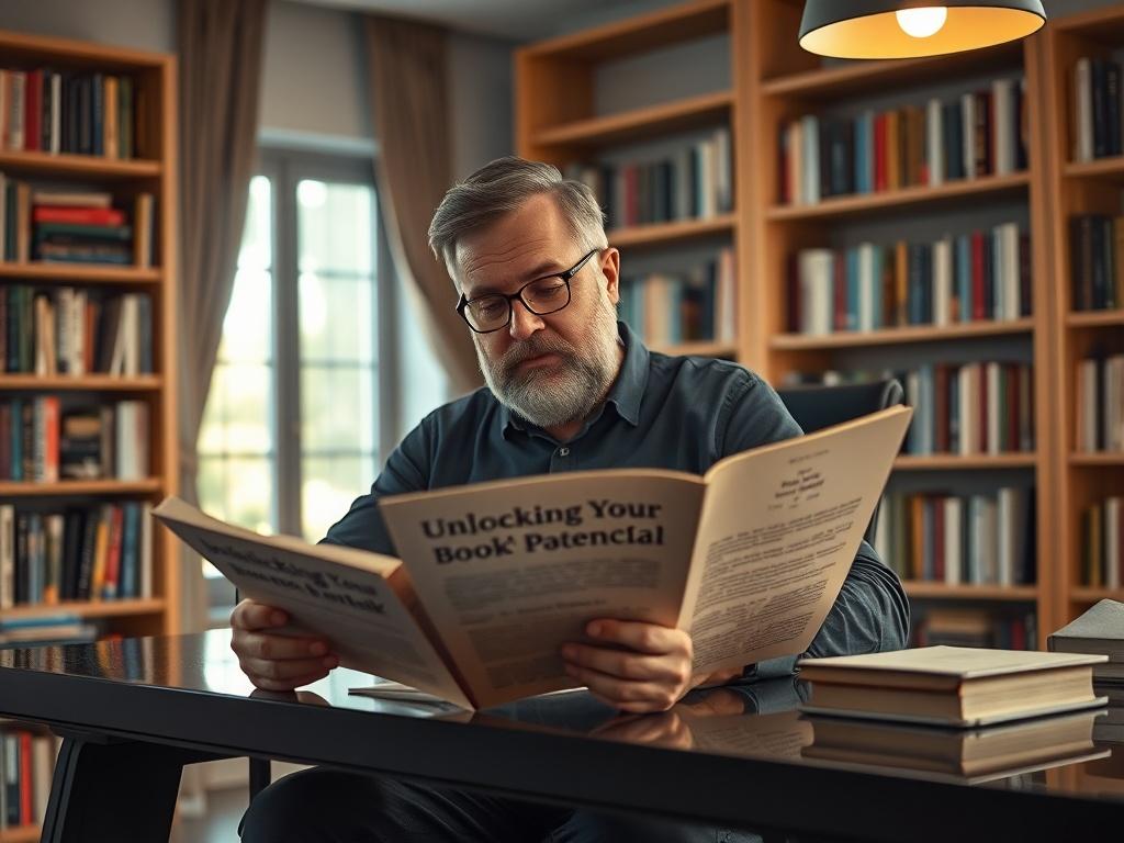 Create a realistic high-resolution photo of a thoughtful author seated at a sleek, modern desk in a well-lit, inviting workspace. The author, a middle-aged bearded man with glasses, intently reads a manuscript titled "Unlocking Your Book’s Potential." The focus should be on his contemplative expression as he envisions how his work can transition from page to screen. 

The background should showcase bookshelves filled with various books to imply a rich literary environment, while a soft window light casts a 