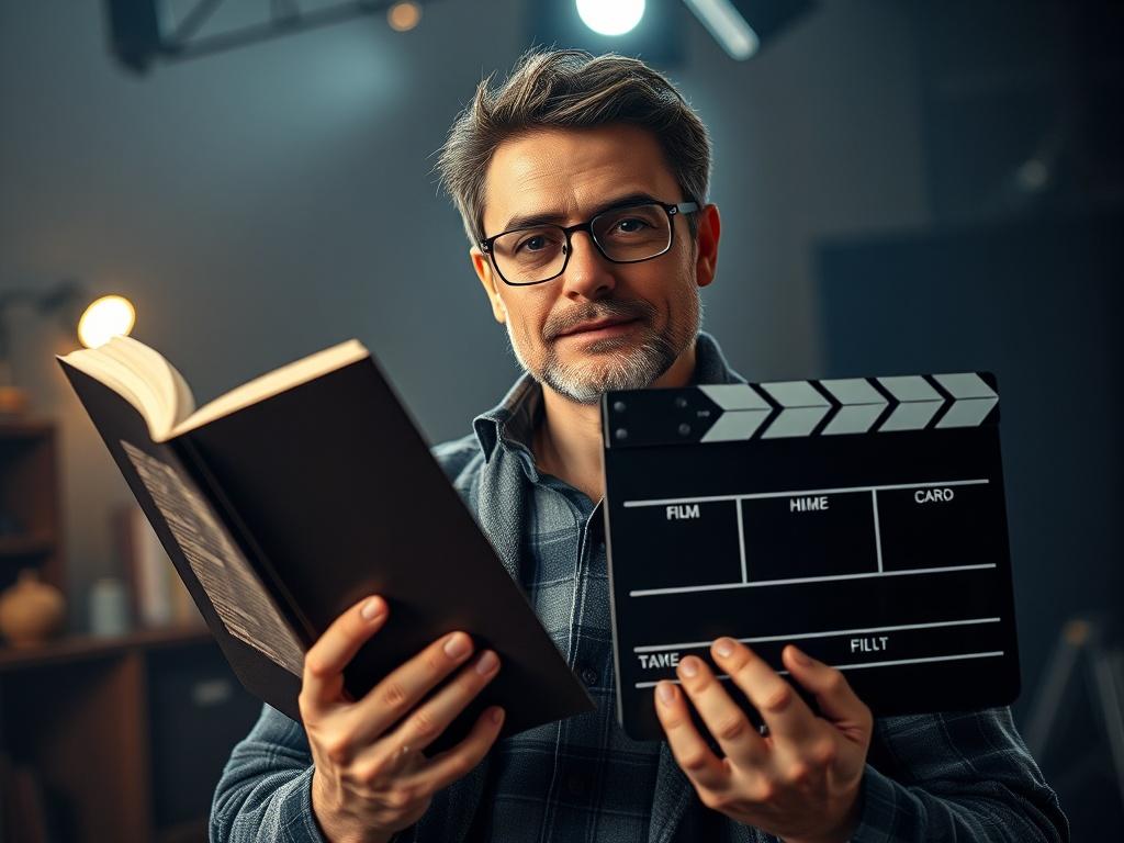 A close-up shot of a confident author holding a book in one hand and a film clapperboard in the other, symbolizing the partnership between literature and film. The focus should be on the author's expressive face, showcasing determination and creativity. The background should be softly blurred to emphasize the subject, with hints of a film studio's ambiance. The overall color scheme should align with the primary color rgb(50, 170, 39).