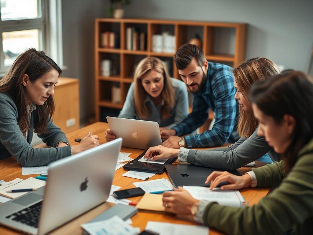 A close-up shot of a focused team collaborating over a table filled with notes and laptops, brainstorming ideas for a book pitch. The scene captures the intensity and creativity of the process, with vibrant colors creating an engaging atmosphere. The lighting emphasizes the determination in their expressions and the collaborative spirit of the moment, aligned with the rgb(50, 170, 39) color theme.