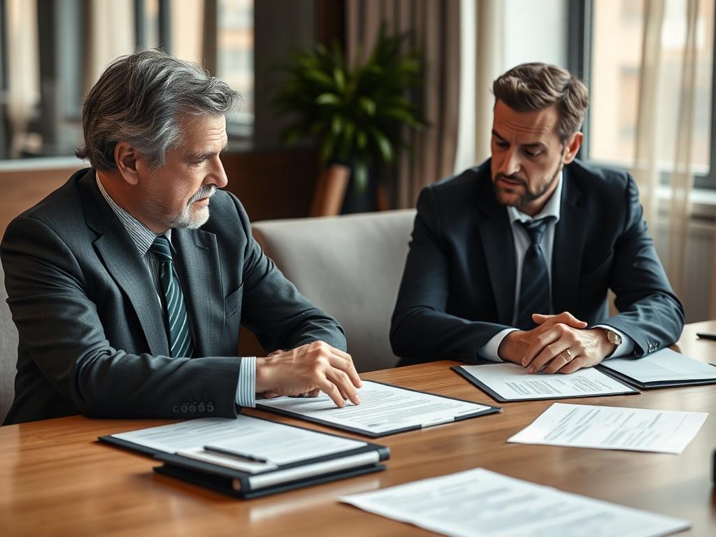 A close-up shot of two professionals seated at a table, discussing a contract with focused expressions. The scene conveys an atmosphere of professionalism and integrity, with documents and legal pads spread out on the table. Soft lighting enhances the serious nature of the discussion, while maintaining the rgb(50, 170, 39) color palette.