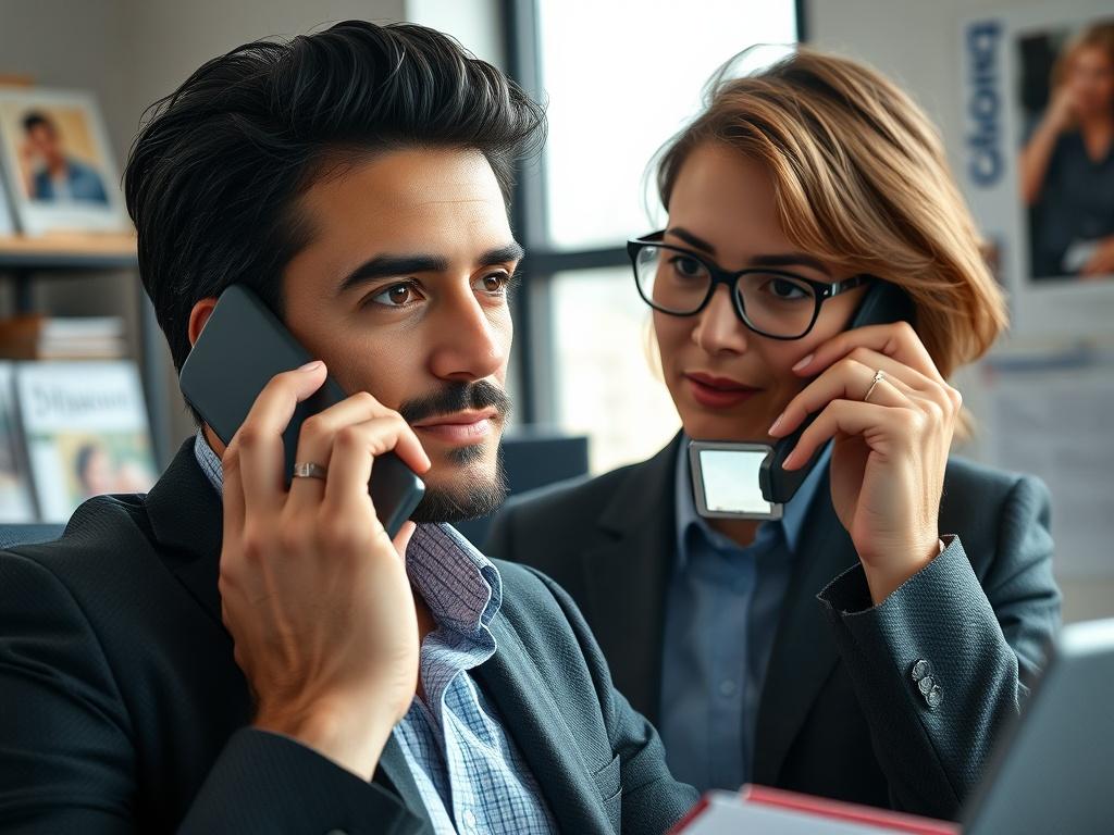 A close-up shot of a confident professional making a phone call in a modern office space, surrounded by industry-related materials. The image showcases determination and focus, with natural light illuminating the subject. The background hints at a world of publishing and film, enhancing the theme of connection and opportunity, while incorporating the rgb(50, 170, 39) color scheme.
