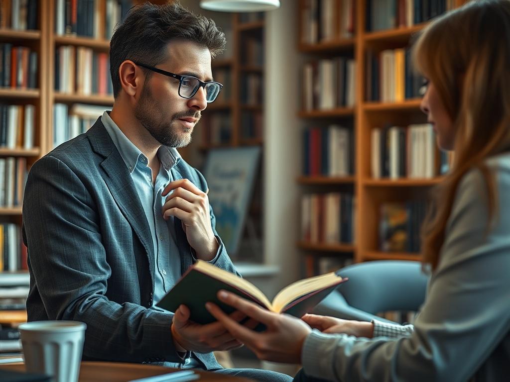 A close-up shot of a thoughtful author discussing their book with a consultant in a cozy office. Natural lighting highlights the author's expressions as they engage in conversation. The background features bookshelves filled with literary works, creating an inspiring atmosphere. The color scheme of the room complements the primary color rgb(50, 170, 39).