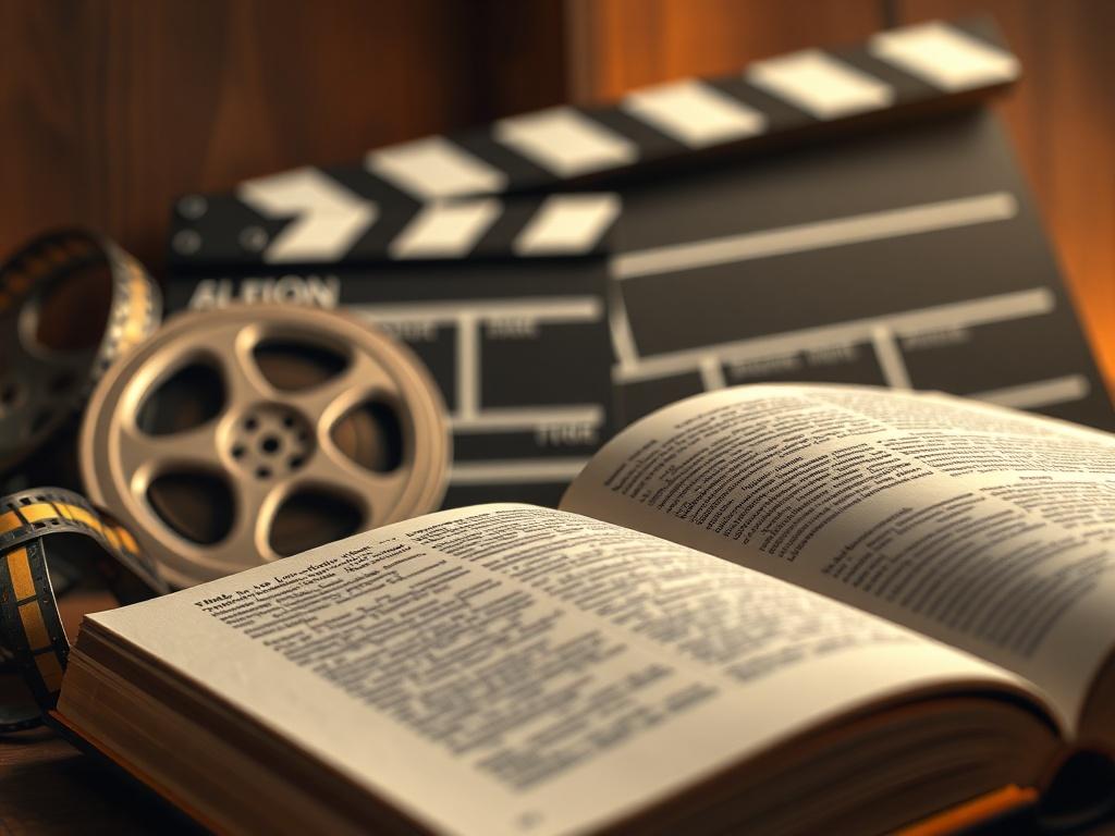 A close-up shot of a book with a cinematic background featuring film reels and a clapperboard, symbolizing the transition from literature to film adaptation, with a warm, inviting color palette.