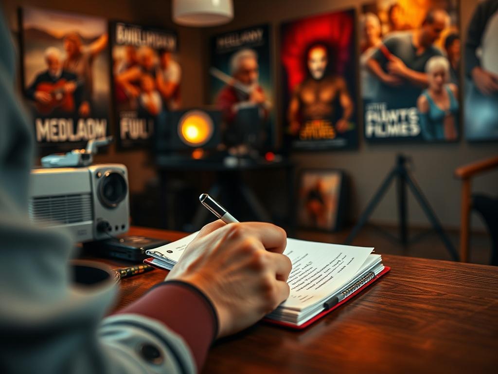 A close-up view of a person writing a pitch on a notepad, surrounded by film-related imagery such as a projector and movie posters, conveying the creative process of preparing a book for pitching.