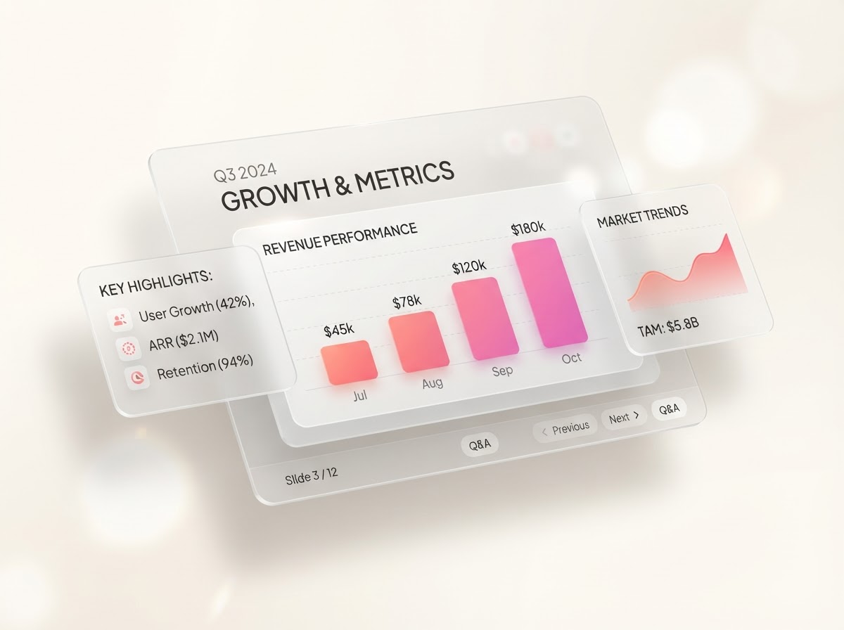 Interaktiv investor pitch deck med frostat glas-gränssnitt