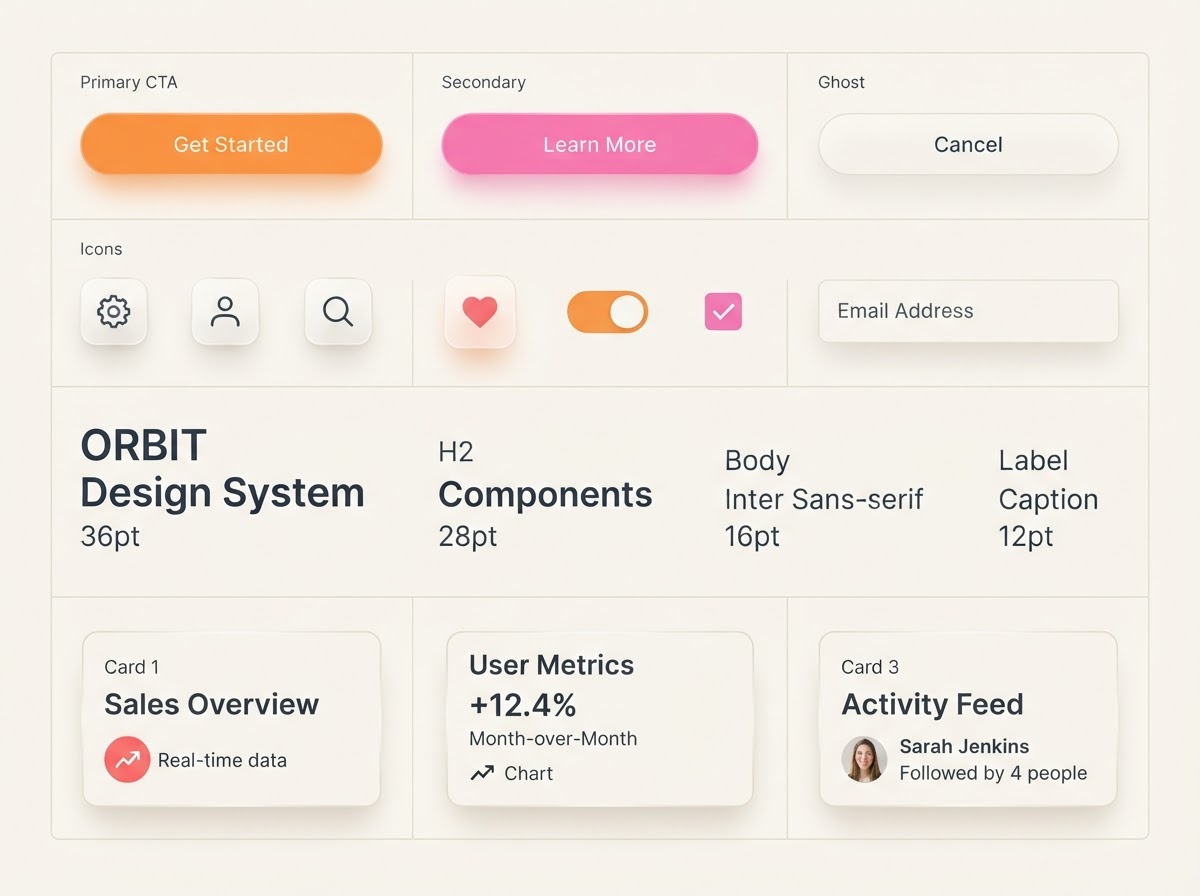 Visuellt designsystem med UI-komponenter i ett geometriskt rutnät