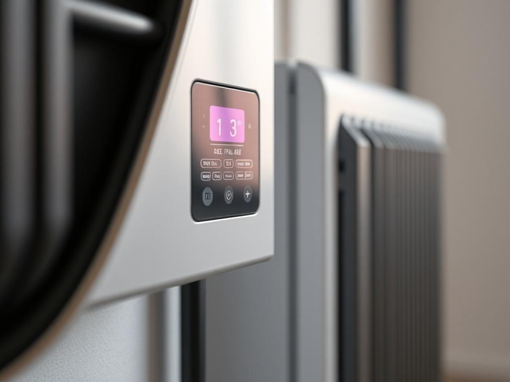 A close-up of a state-of-the-art heating system, featuring its control panel and sleek design. The background should be minimalistic, focusing on the system's details, with soft lighting that enhances the modern features. Shot with a 45mm f/1.2 lens for a hyper-realistic appearance.