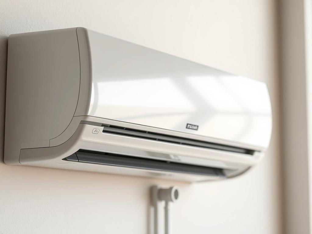 A close-up shot of a modern high-efficiency air conditioning unit, showcasing its sleek design and features. The background should be simple and neutral to emphasize the unit, with soft natural lighting highlighting the unit's contours. Shot with a 45mm f/1.2 lens for a realistic high-resolution effect.