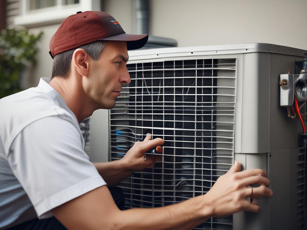 Create a realistic high-resolution close-up photo of a professional HVAC technician performing a detailed maintenance check on a modern heating and cooling unit inside a New Westminster home. The single subject is a focused technician in branded uniform, adjusting components with precision tools, highlighting expertise and care. The composition is simple and clear, shot with a 45mm f/1.2 lens style to produce a sharp subject against a softly blurred, warm-toned background featuring subtle elements of a resi