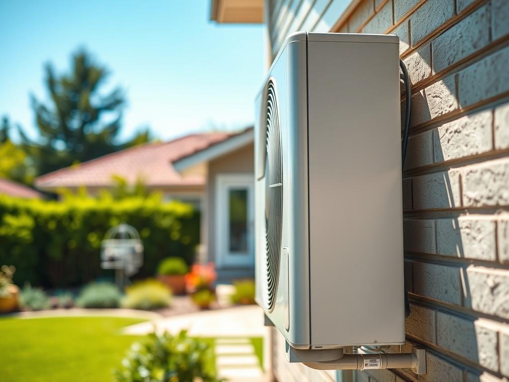 A close-up shot of a modern heat pump unit installed outside a home. The unit is sleek and contemporary, showcasing its advanced technology. The background features a well-maintained garden and a clear blue sky, emphasizing a sunny day. The image is shot with a 45mm f/1.2 lens to create a soft focus effect, highlighting the heat pump and creating an inviting atmosphere.