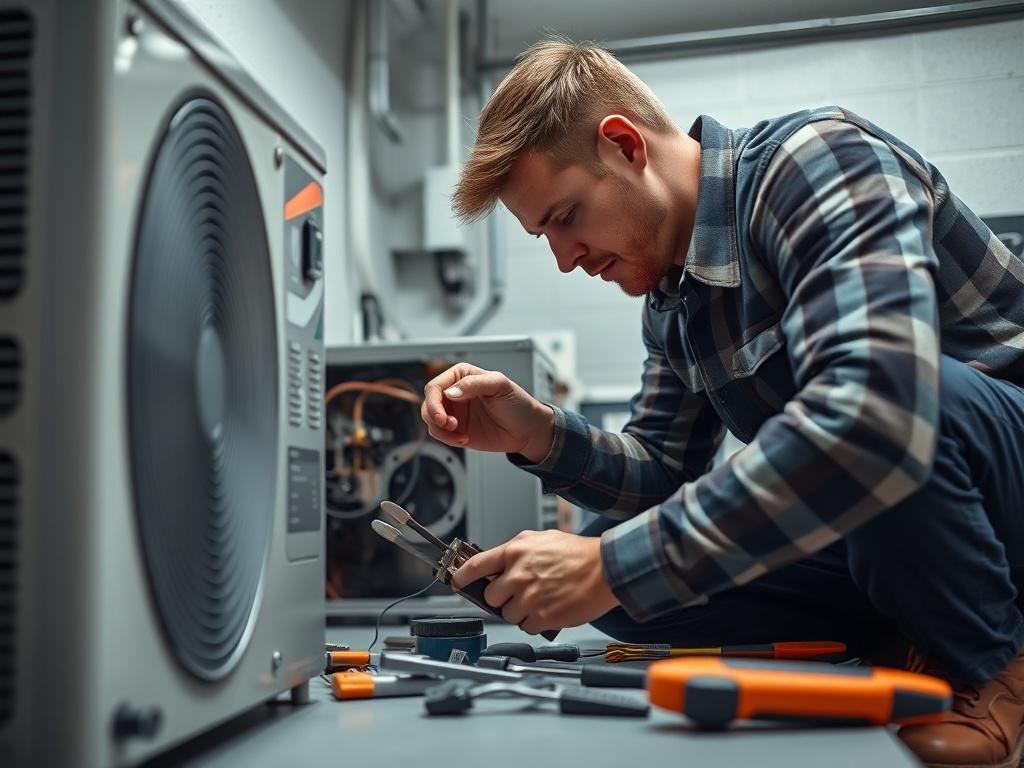 A close-up shot of a technician examining a malfunctioning heat pump unit. The technician is focused and engaged while inspecting the unit's components, with tools neatly arranged beside them. The setting is a tidy garage or workshop, with soft lighting that highlights the technician's expertise. The image is shot with a 45mm f/1.2 lens to create a professional and sharp focus on the technician's work.