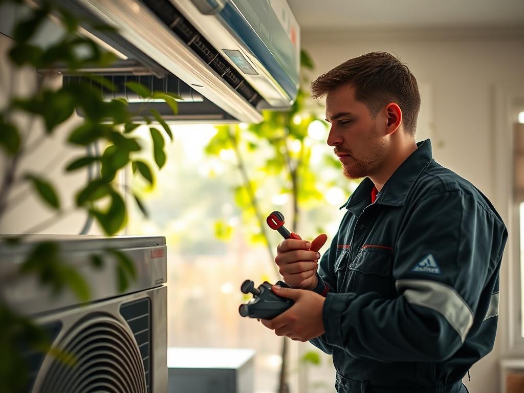 A technician performing maintenance on a heat pump unit in a residential setting. The technician is dressed in a professional uniform, inspecting the unit with tools in hand. The background features a cozy home environment with greenery and sunlight filtering through, creating a warm and inviting atmosphere. The image is captured using a 45mm f/1.2 lens to emphasize the technician's focused work.