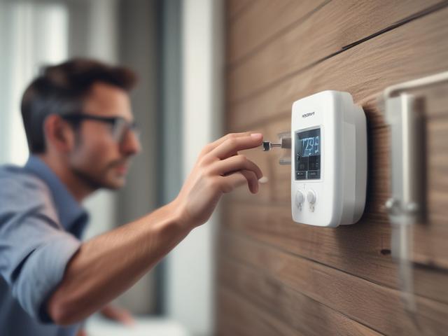 A technician demonstrating an energy-efficient thermostat installation in a modern home environment. The focus is on the technician's skilled hands as they connect the device, showcasing innovation and expertise. The background highlights a stylish living room, emphasizing comfort and modernity. The image should be captured with a 45mm f/1.2 lens for a hyper-realistic effect, focusing on the details of the thermostat and the technician.