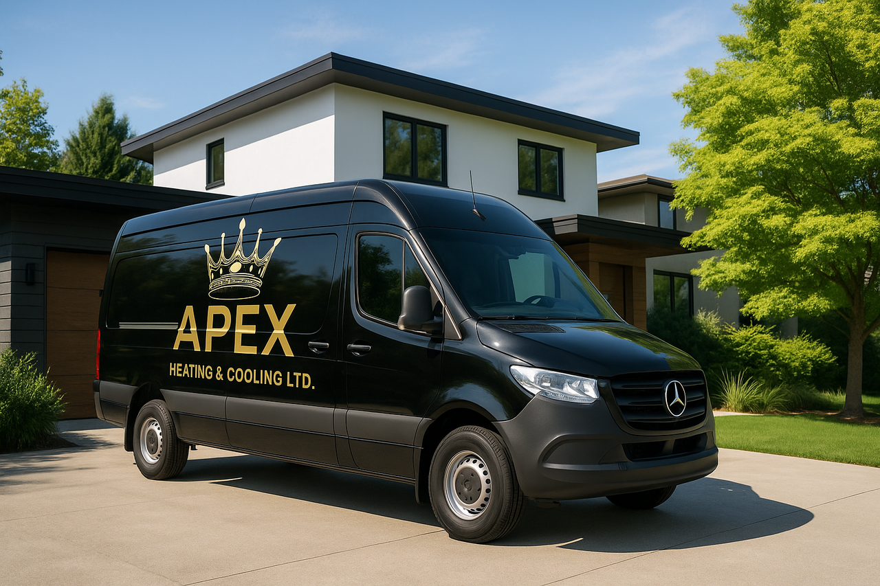Apex Heating & Cooling Ltd. van parked in front of a residential home in British Columbia, ready for a heat pump installation.