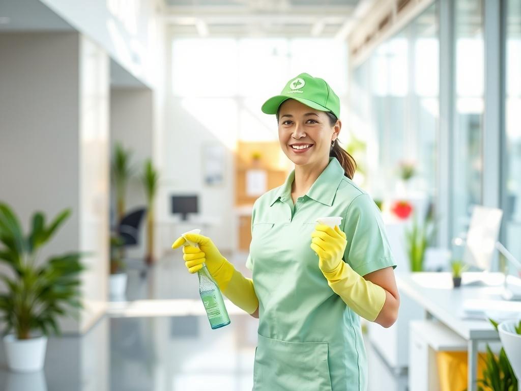 A cheerful professional cleaner in uniform, using eco friendly cleaning