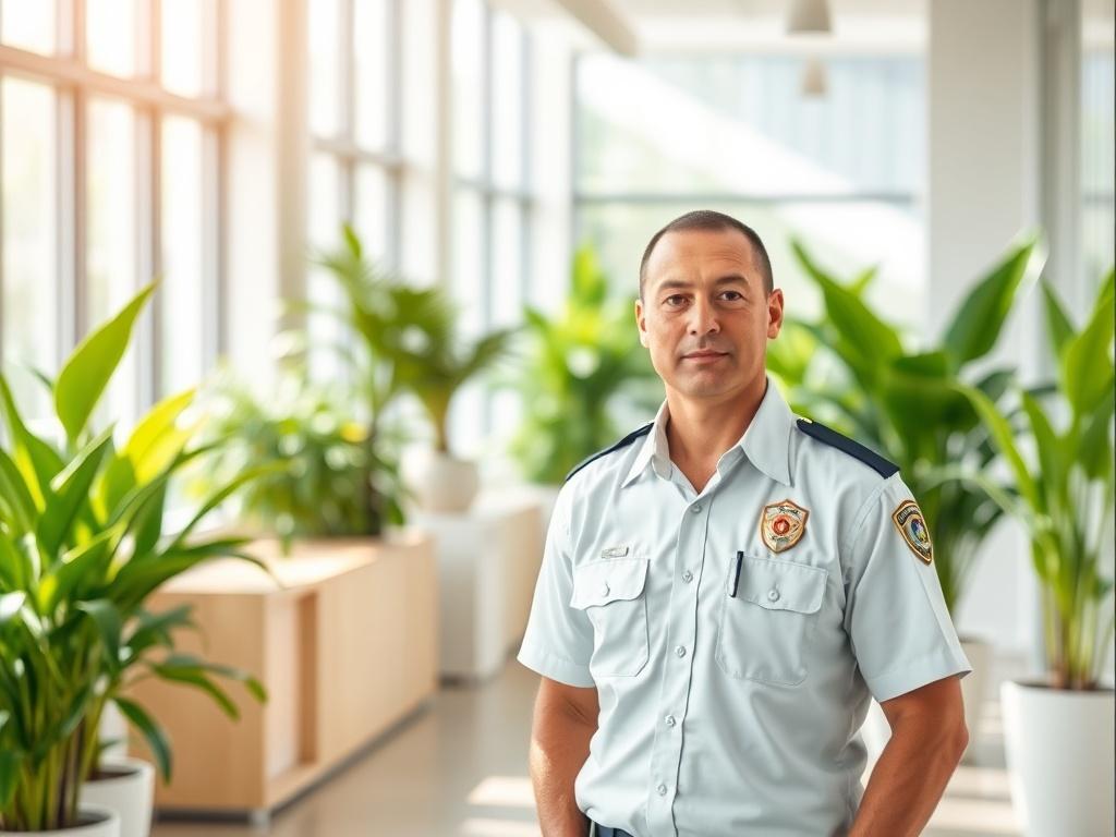 A professional security guard standing confidently in a well maintained