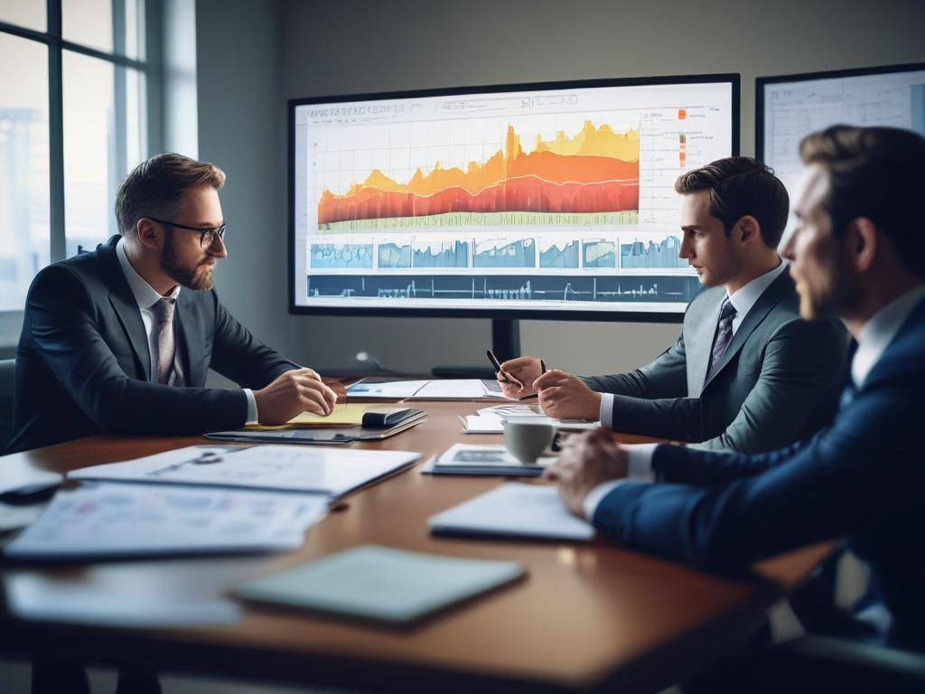 A high resolution image of an investment strategy meeting, showcasing