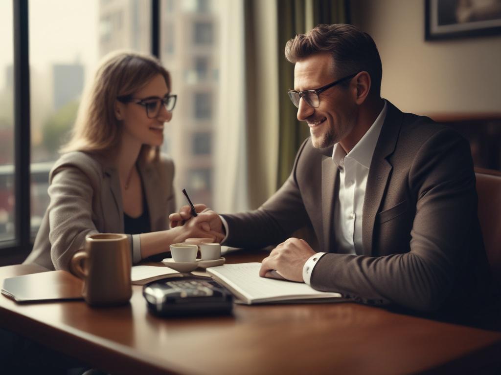 A high resolution image of a financial coach discussing progress
