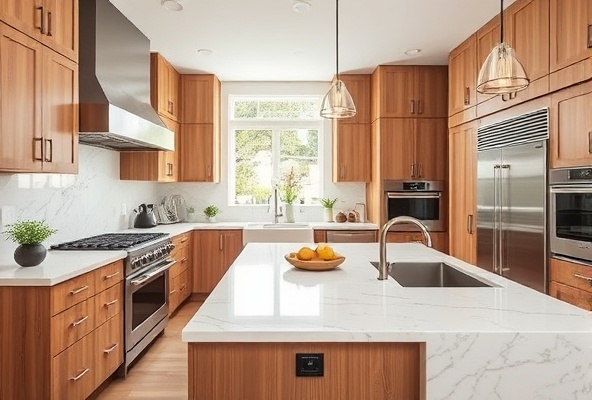 Contemporary luxury kitchen with marble countertops and professional-grade appliances