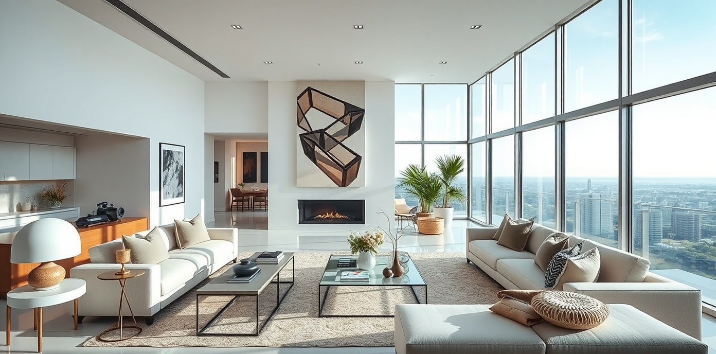 Luxurious modern living room with floor-to-ceiling windows and premium furnishings