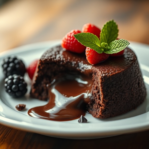 Decadent chocolate lava cake with berries