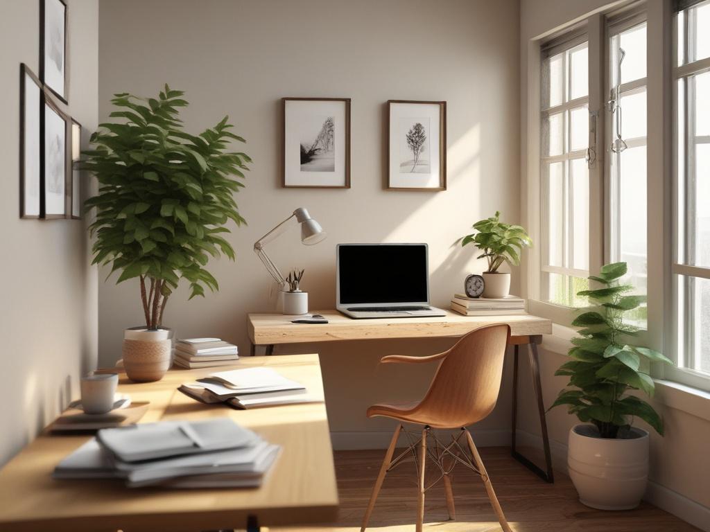 A serene and inviting workspace, featuring a wooden desk with