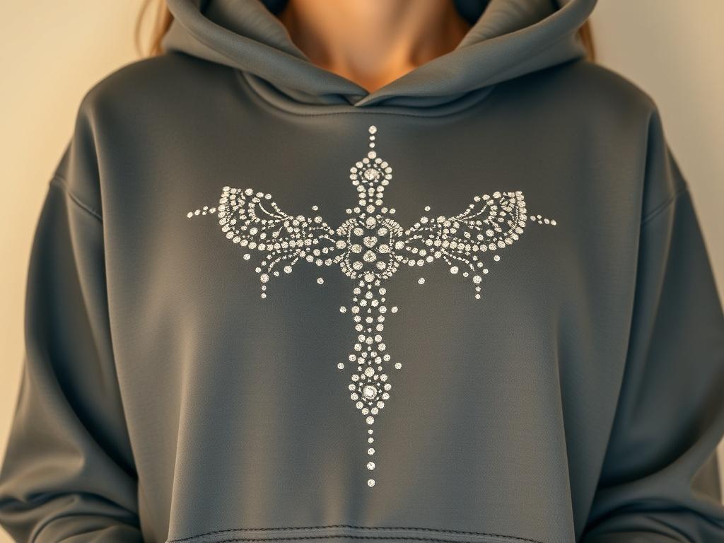 A single close-up shot of a stylish rhinestones hoodie, showcasing its shimmering rhinestone embellishments on the front. The hoodie is displayed against a soft, neutral background to highlight the details and texture of the fabric. The focus should be on the intricate rhinestone design, emphasizing its elegance and appeal, with a depth of field that softly blurs the background, ensuring the hoodie stands out as the primary subject. The lighting should be bright and inviting, accentuating the sparkle of the