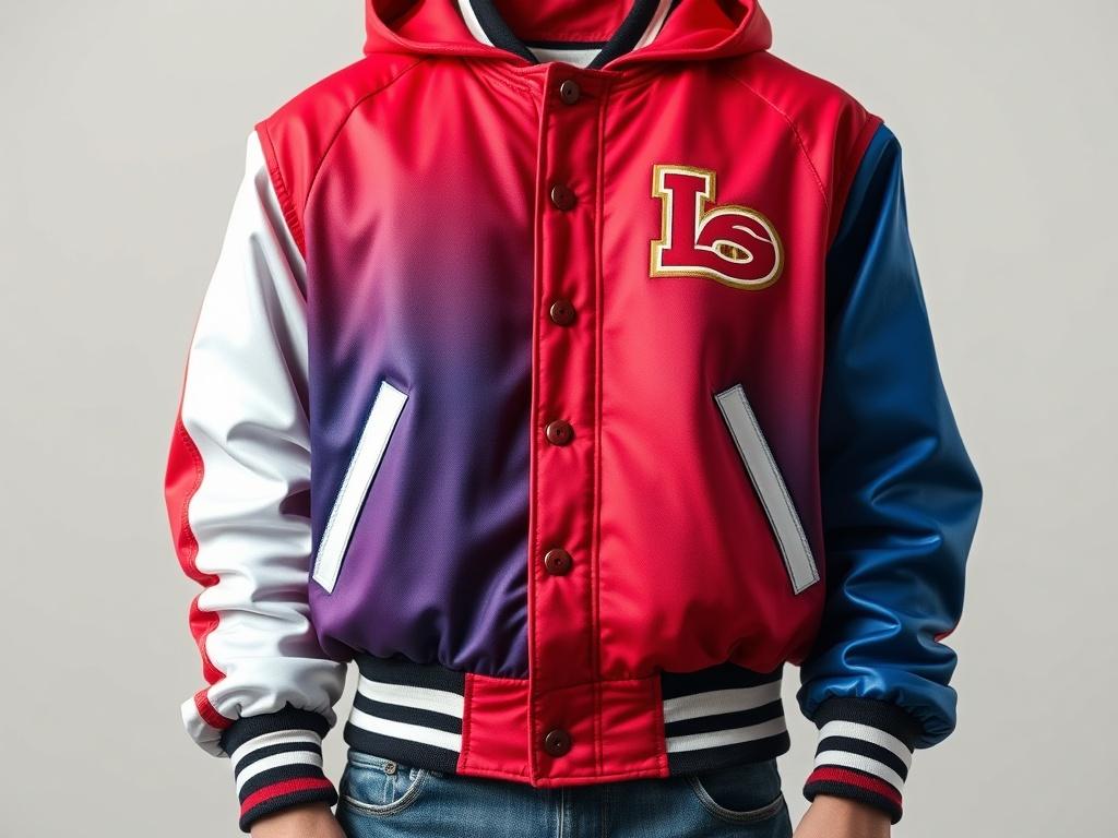 A hyper-realistic close-up shot of a Varsity Fashion Jacket, showcasing its vibrant colors and contrasting accents. The jacket is displayed prominently against a neutral background to highlight its details and textures. The focus is sharp, capturing the fabric's quality and design elements, shot with a 45mm f/1.2 lens for a professional look.