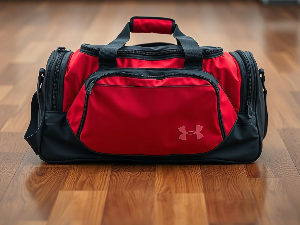 A close-up shot of a stylish gym bag placed on a wooden floor. The bag should be made of durable material with a sleek design, showcasing multiple compartments and straps. The background should be soft-focused, emphasizing the bag as the main subject. The lighting should highlight the bag's textures and colors, with a vibrant red hue that matches the RGB (226, 1, 1) primary color.