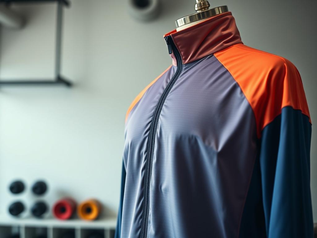 A close-up shot of a high-quality tracksuit on a mannequin, showcasing its vibrant colors and sleek design. The background is a simple, blurred gym setting, emphasizing the tracksuit's features. The image is taken with a 45mm f/1.2 lens, focusing on the texture and fabric details.