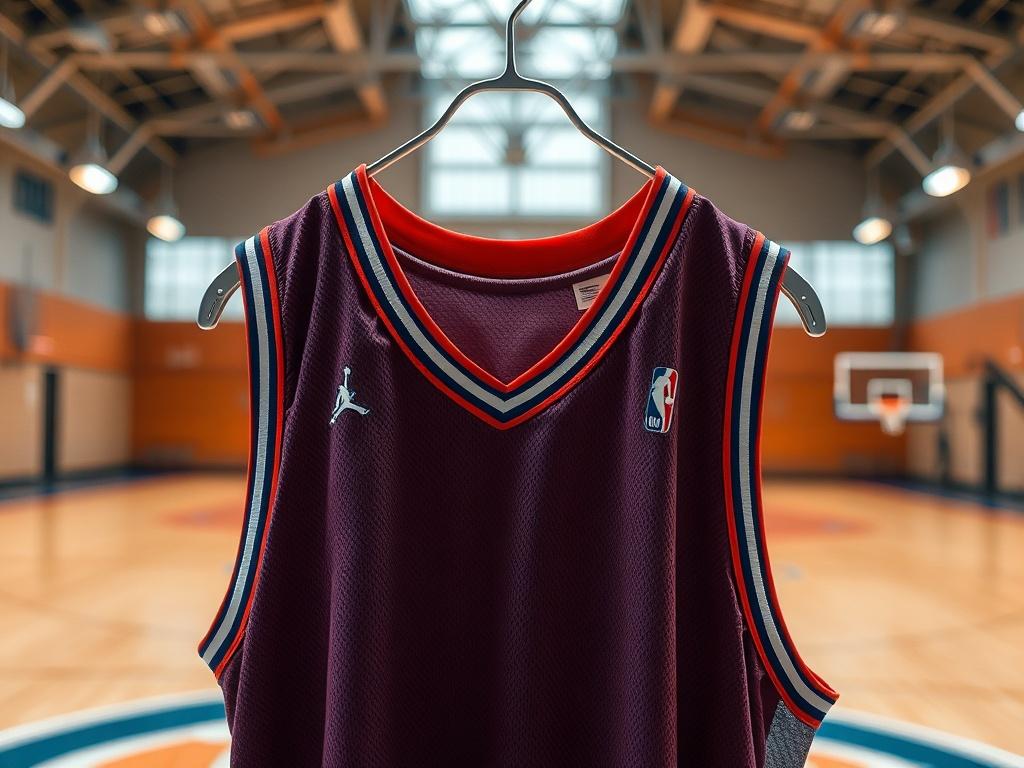 A close-up shot of a basketball uniform displayed on a hanger, highlighting the vibrant colors and team logo options. The background is a soft-focus basketball court, emphasizing the uniform's athletic design. The image is captured with a 45mm f/1.2 lens to show texture.