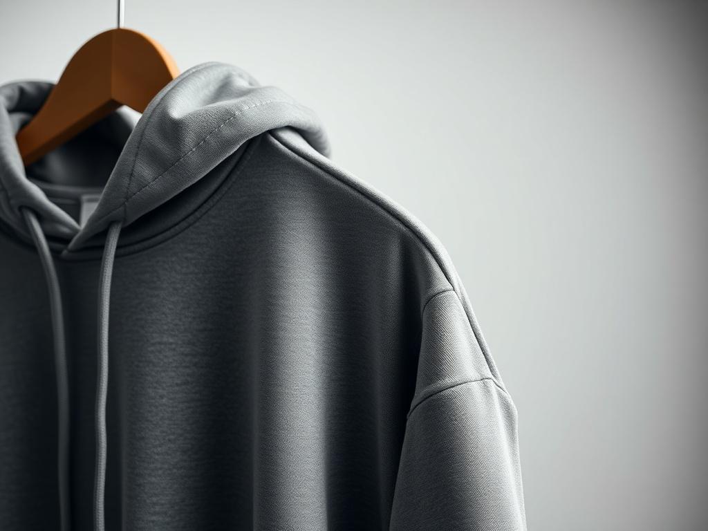 A realistic close-up of a modern hoodie displayed on a hanger. The image highlights the fabric's softness and the design's details, set against a minimalist background that emphasizes the hoodie. The photo is taken with a 45mm f/1.2 lens to showcase texture.