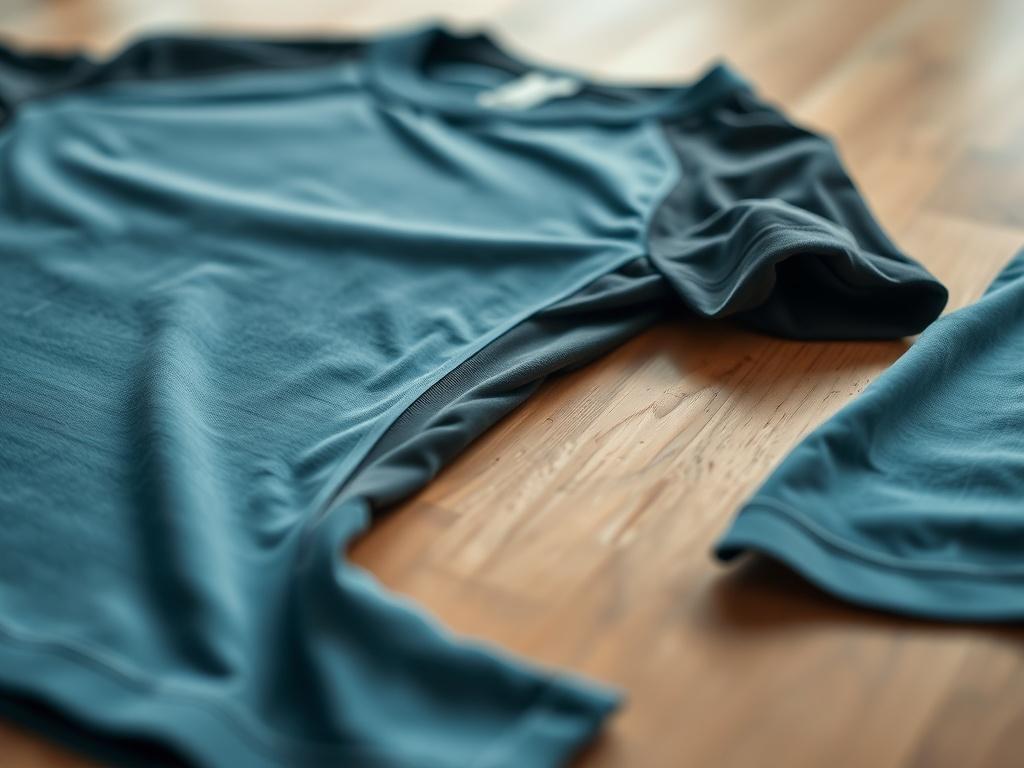 A close-up image of a fitness shirt laid flat, showcasing its design and fabric details. The background is blurred to focus on the shirt, highlighting its moisture-wicking features. The image is captured with a 45mm f/1.2 lens for clarity.