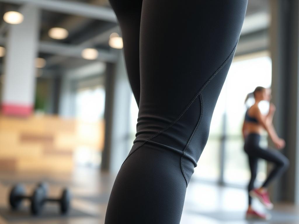 A detailed close-up of a pair of fitness leggings on display. The image captures the fabric's stretchiness and design features, set against a soft-focused workout environment. The photo is taken with a 45mm f/1.2 lens to emphasize the leggings.