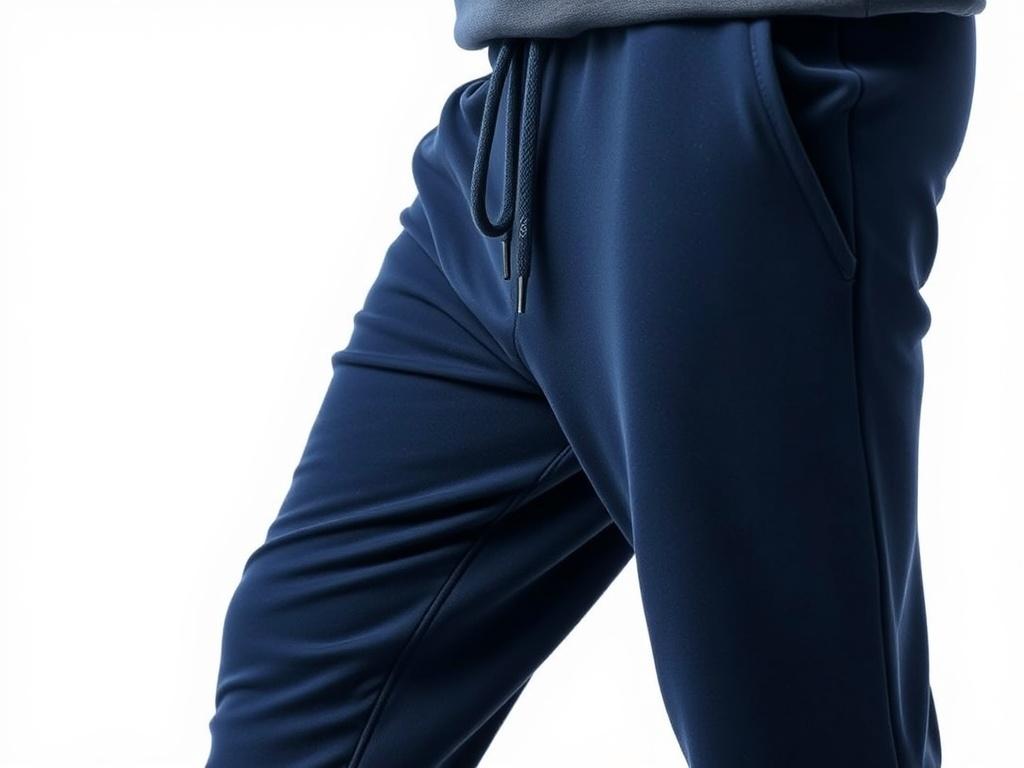 A pair of stylish and comfortable sweat pants displayed prominently against a simple white background. The sweat pants are made from a soft, breathable fabric with a tapered fit, featuring an elastic waistband and drawstring. The color is a deep navy blue, with subtle logo branding on the left leg. The focus is on the texture and quality of the fabric, showcasing the versatility of the pants for both casual and athletic wear.