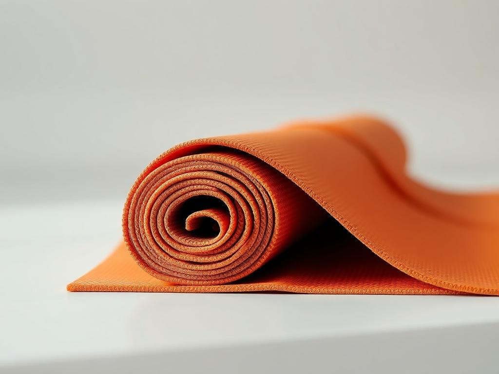 A realistic high-resolution photo of a yoga mat rolled out on a clean, smooth surface, showcasing its texture and color. The focus should be on the mat, capturing its details like the surface pattern and thickness. The background should be minimalistic and soft, enhancing the mat's vibrant color while keeping the composition simple and clear.