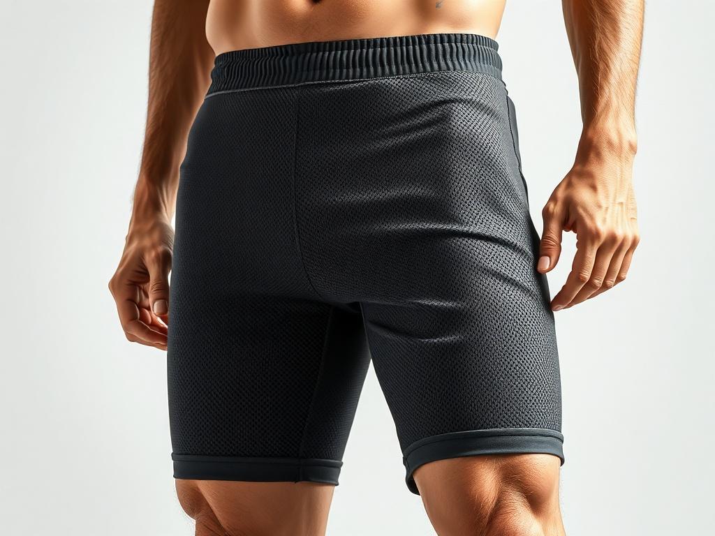 A realistic high-resolution photo of MESH FABRIC BIKER SHORTS FOR MEN. The shorts should be displayed prominently, focusing on the texture and design of the mesh fabric. The background should be simple and neutral to emphasize the shorts, with a close-up shot that captures the vibrant colors and details of the stitching. The lighting should be bright and natural, enhancing the overall appeal of the product.