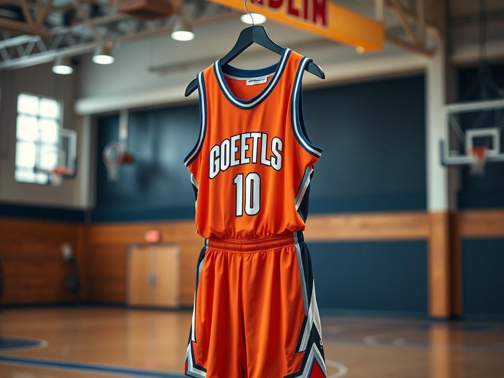 A realistic high resolution image of a basketball uniform displayed
