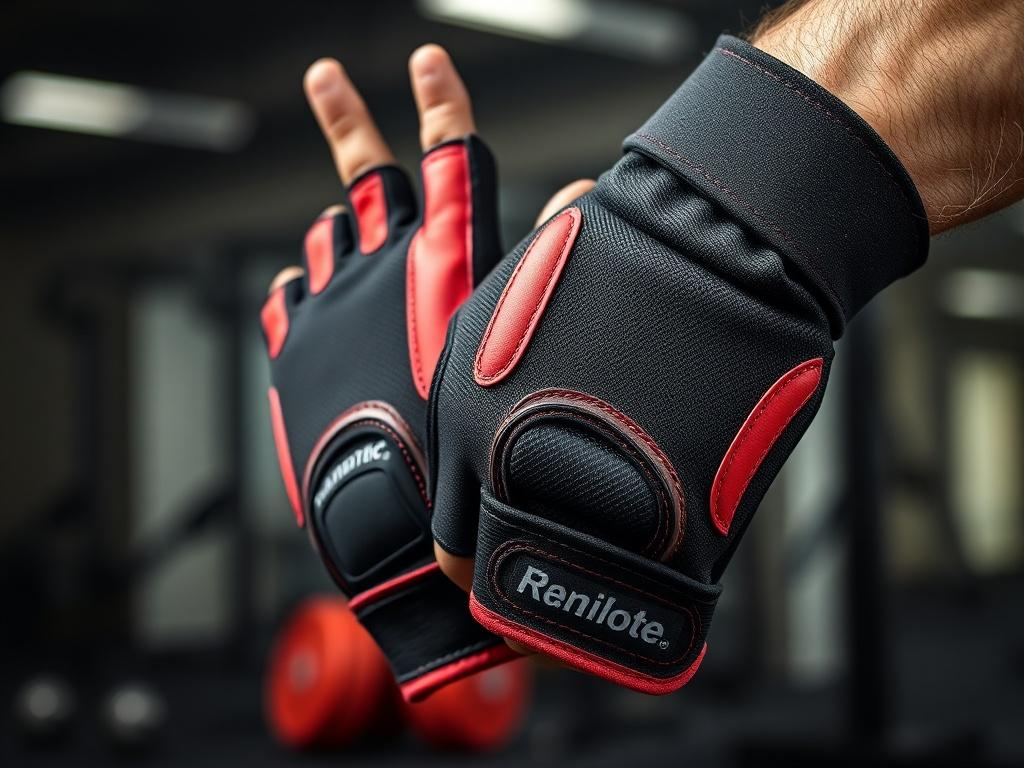 A close-up shot of a pair of gym gloves designed for weightlifting and fitness activities. The gloves should be black with red accents, showcasing a textured grip and padded palm area. The background should be a soft, blurred gym setting, emphasizing the gloves as the primary focus. The lighting should highlight the details and materials of the gloves, creating a hyper-realistic effect.