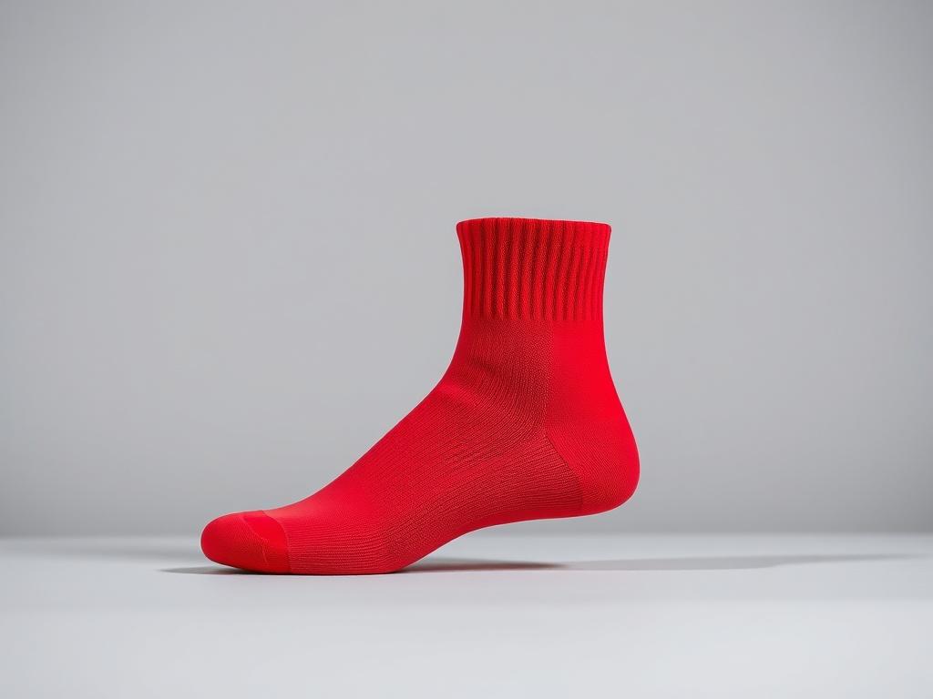 A close-up shot of a pair of high-performance workout socks displayed against a simple, neutral background. The socks should be in a vibrant red color, showcasing their breathable fabric and cushioned soles. Focus on the texture and materials, highlighting the moisture-wicking properties. The image should be shot with a 45mm f/1.2 lens to emphasize detail and clarity.