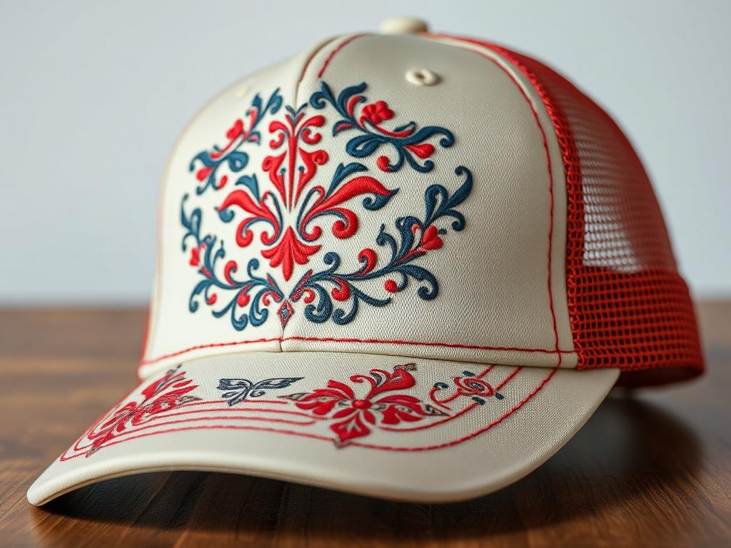 A hyper-realistic close-up shot of an EMBROIDERY TRUCKER HAT, featuring intricate embroidery designs on the front panel. The hat should have a classic trucker style with a mesh back and an adjustable snap closure. The background should be simple and uncluttered, focusing solely on the hat, ensuring the embroidery details are prominently displayed. The color scheme should harmonize with the rgb(50, 170, 39) primary color.