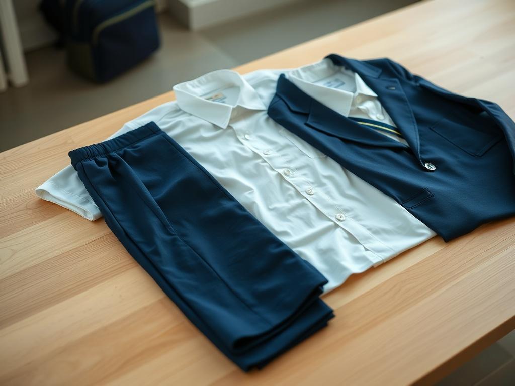 A realistic high-resolution photo of a neatly arranged set of school uniforms, including a crisp white shirt, navy blue trousers, and a matching blazer. The composition should feature the uniforms on a simple wooden surface, with natural light illuminating the fabric textures. The background should be softly blurred to emphasize the uniforms, showcasing their quality and details.