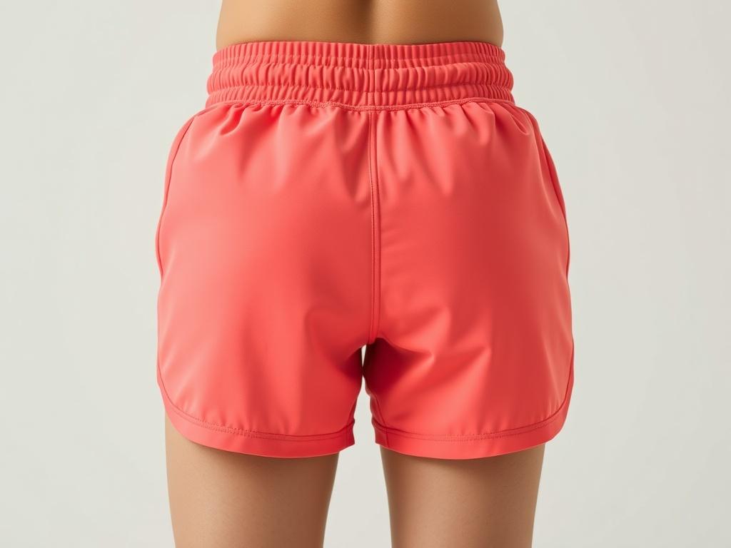 A hyper-realistic close-up shot of GYM SHORTS displayed on a clean, neutral background. The shorts should be made of lightweight, breathable fabric, showcasing their moisture-wicking properties. The focus should be on the texture and details of the shorts, highlighting the adjustable waistband and stitching. The color should be vibrant, compatible with rgb(226, 1, 1), and the composition should emphasize a simple yet appealing look, shot with a 45mm f/1.2 lens.