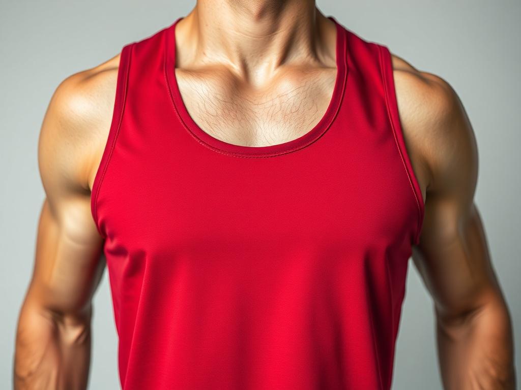 A hyper-realistic close-up shot of a men's tank top designed for gym use. The tank top is displayed on a simple background, showcasing its lightweight, breathable fabric and sleeveless design. The focus is on the fabric texture and stitching details, emphasizing comfort and quality. The primary color scheme includes shades of red (rgb(226, 1, 1)) to highlight the brand's identity. Shot with a 45mm f/1.2 lens to create a shallow depth of field, blurring the background and bringing the tank top into sharp foc